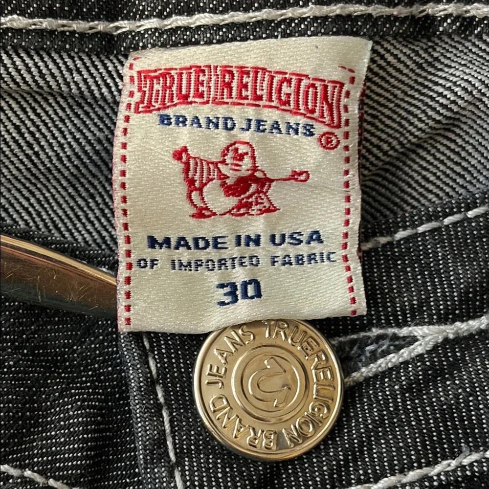 True Religion Joey Cut Off Blue Denim Shorts with Gold Accents Size 30